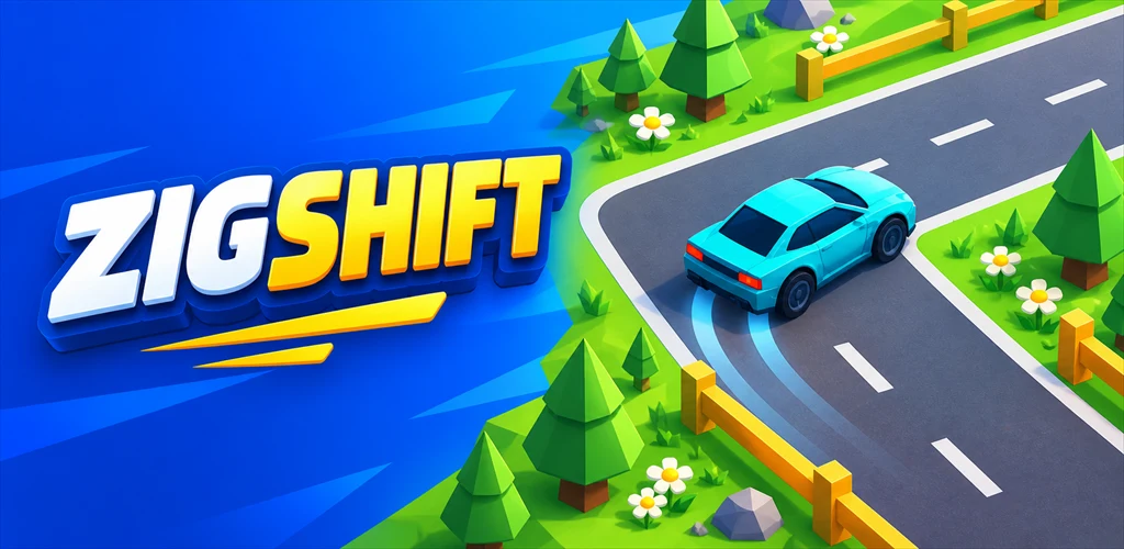 ZIGSHIFT logosu ve turkuaz arabayla çayırlı zigzag yol tanıtım banner'ı.